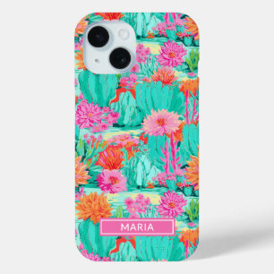 Modern Blooming Cacti Personalized iPhone 15 Case