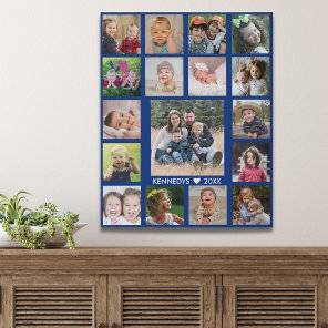 Modern Blue 17 Photo Collage Family Name Keepsake Faux Canvas Print
