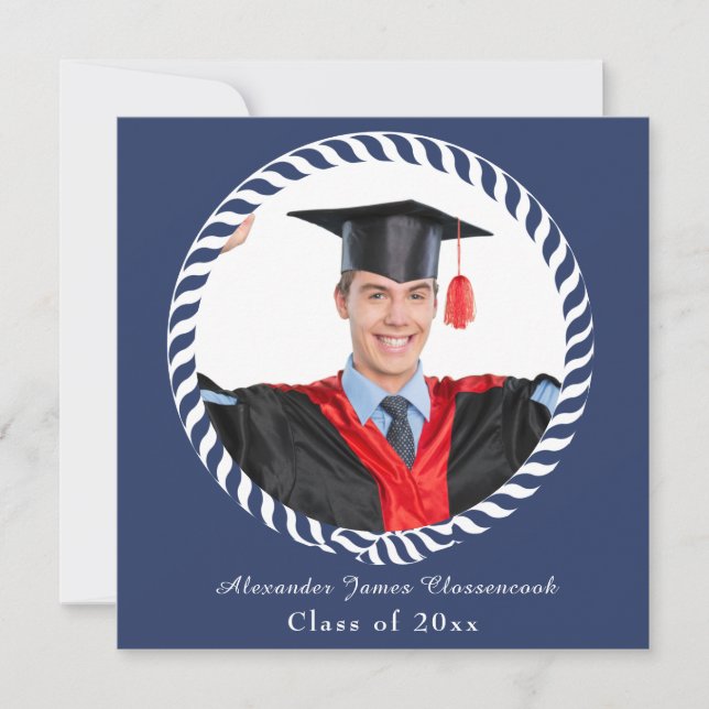 Modern Blue 1 Photo Graduation announcement card (Front)