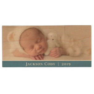 Modern Blue 2 sided Own Baby Boy Photos Family Wood Flash Drive