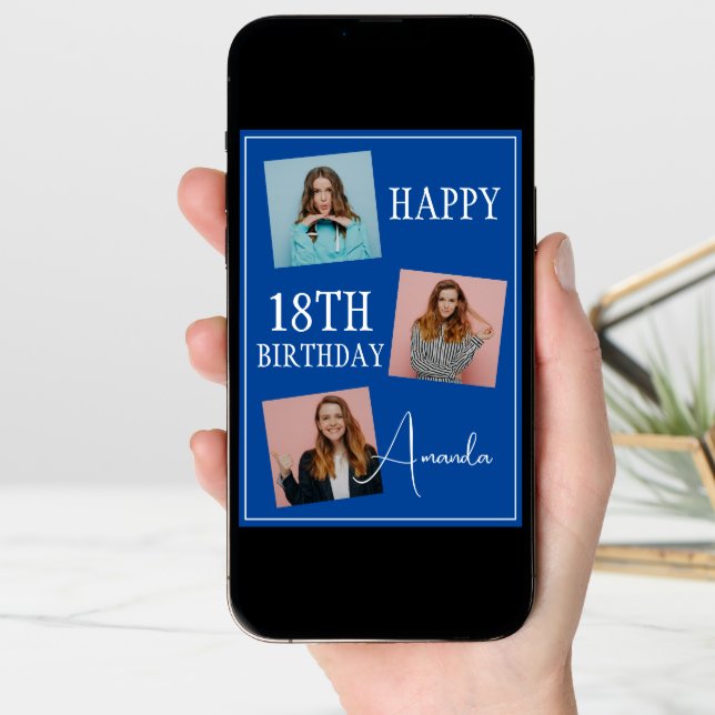 Modern Blue 3 Photo Collage 18th Birthday Card (Front Digital)