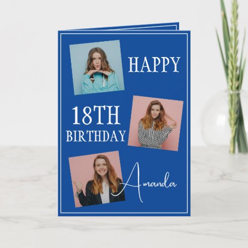 Modern Blue 3 Photo Collage 18th Birthday Card