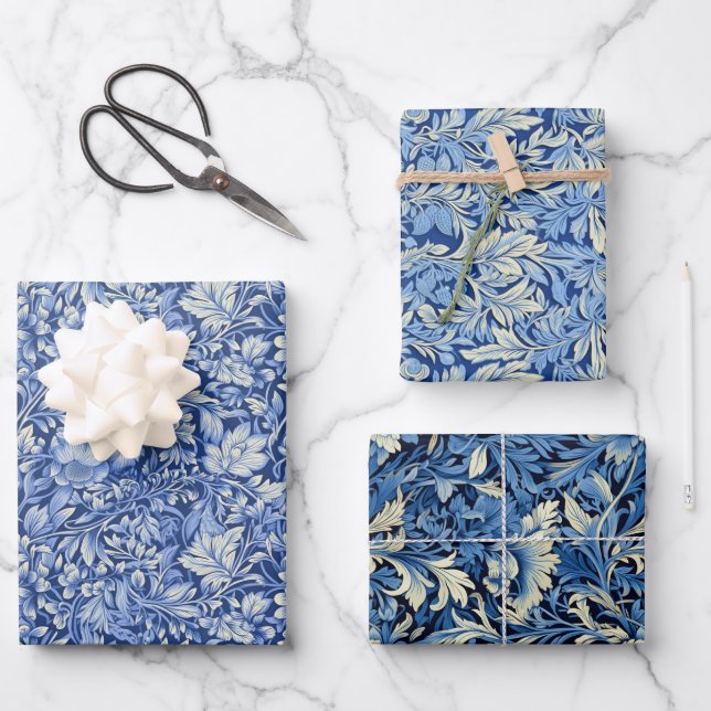Modern Blue 3D Floral Leaves Wallpaper Design Wrapping Paper Sheets (Front)