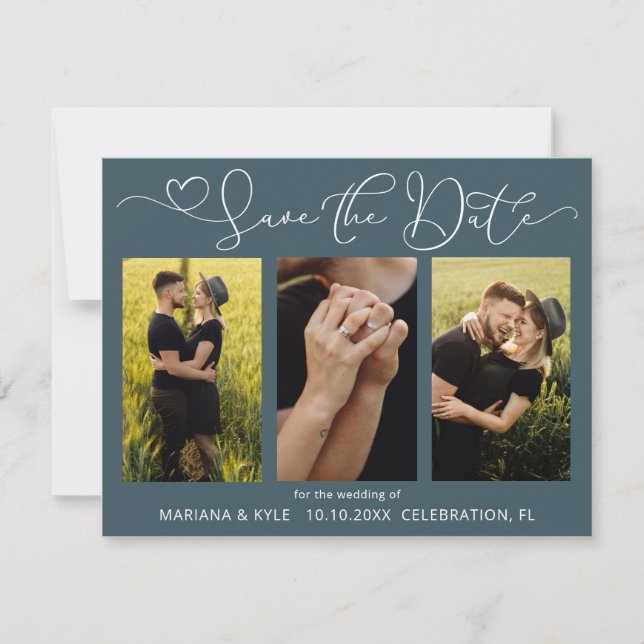 Modern Blue 4 Photos Wedding Save the Date (Front)