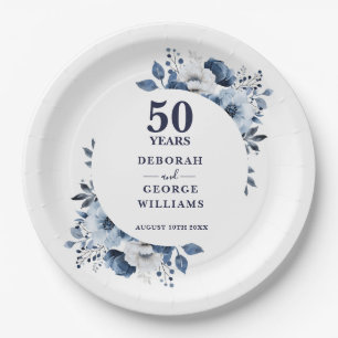 Modern Blue 50th Wedding Anniversary Greenery Paper Plates