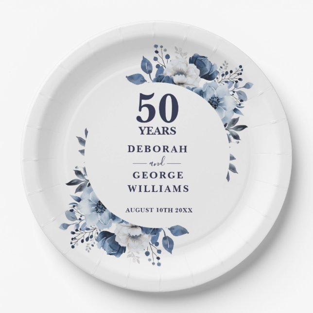 Modern Blue 50th Wedding Anniversary Greenery  Paper Plates (Front)