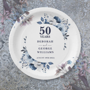 Modern Blue 50th Wedding Anniversary Greenery  Paper Plates