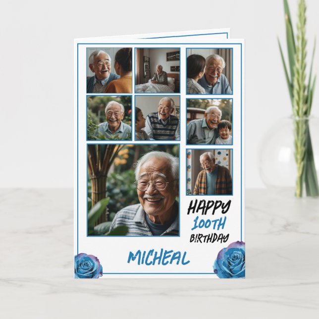 Modern Blue 8 Photo Collage 100th Birthday Card (Front)
