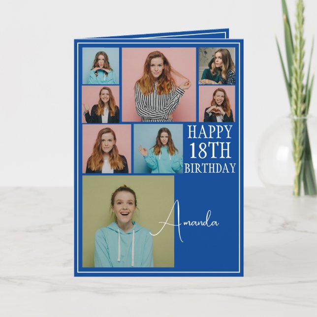 Modern Blue 8 Photo Collage 18th Birthday Card (Front)