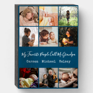 Modern Blue 9 Photo Collage for Grandpa Wooden Box Sign