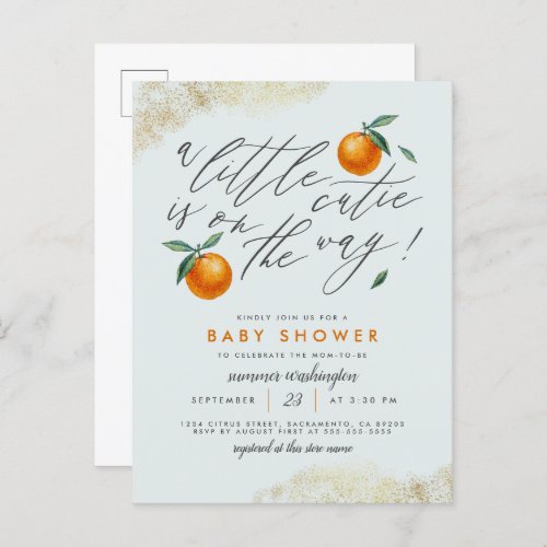 Modern Blue A Little Cutie Orange Baby Shower Invitation Postcard
