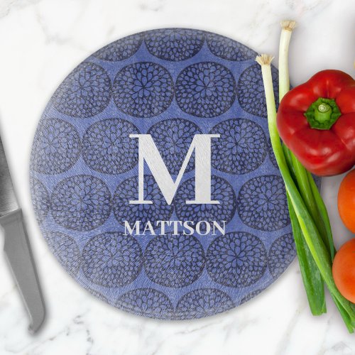 Modern Blue Abstract Floral Monogram Cutting Board