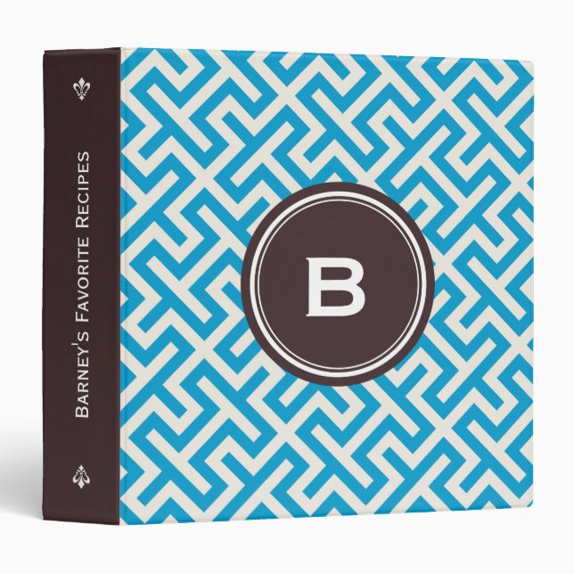 Modern blue abstract geometric patterns monogram 3 ring binder (Front/Spine)