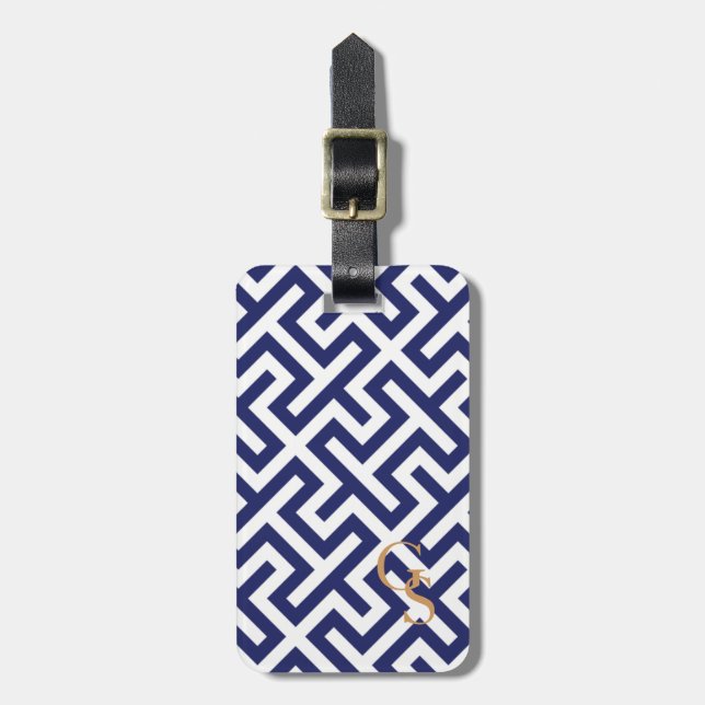 Modern blue abstract geometric patterns monogram luggage tag (Front Vertical)