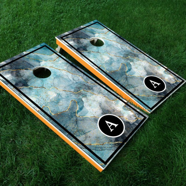 Modern Blue Abstract Ink Marble Art Monogram Cornhole Set (Creator Uploaded)