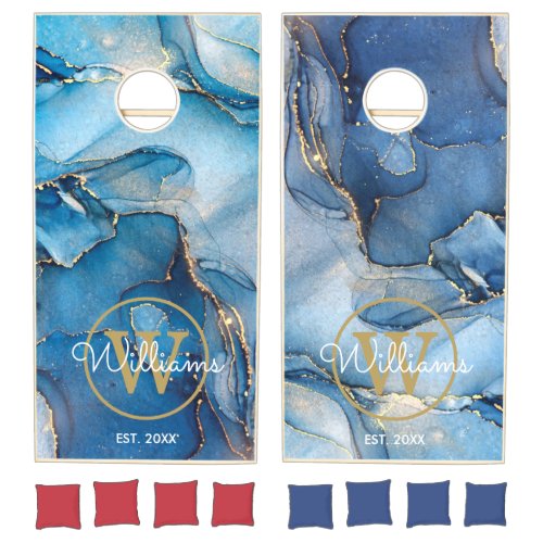 Modern Blue Agate Geode Gold Monogram Cornhole Set