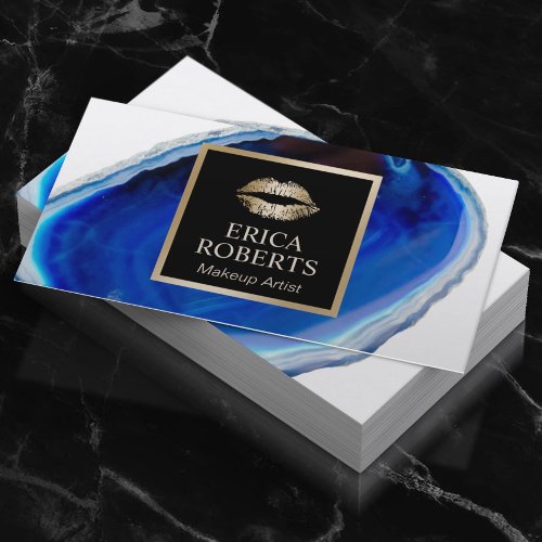 Modern Blue Agate Gold Lips Makeup Artist Business Card