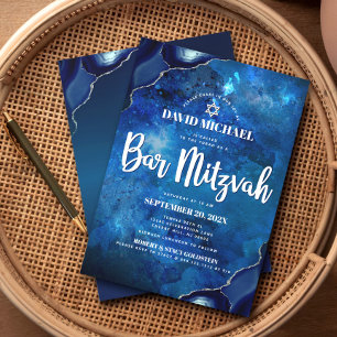 Modern Blue Agate Watercolor Script Bar Mitzvah Invitation