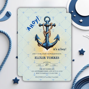 Modern Blue Ahoy! Anchor Nautical Baby Shower Invitation