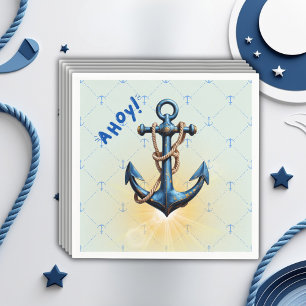 Modern Blue Ahoy! Anchor Nautical Baby Shower Napkins