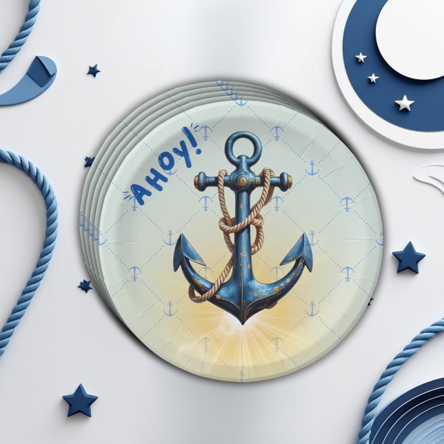 Modern Blue Ahoy! Anchor Nautical Baby Shower Paper Plates (Creator Uploaded)