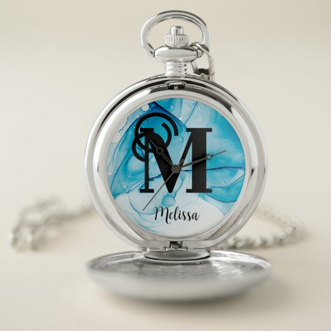 Modern Blue Alcohol Ink Monogram Name Pocket Watch (Inside)