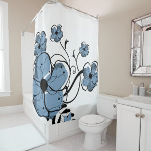 Modern Blue and Black Flowers Shower Curtain