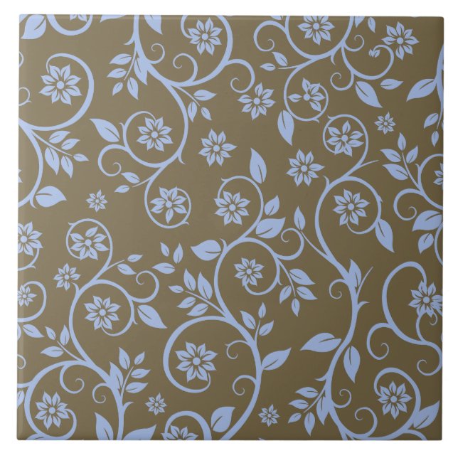 modern blue and brown floral pattern ceramic tile (Front)