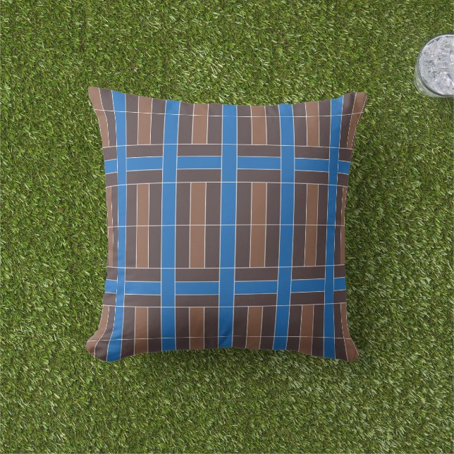 Modern Blue and Brown Geometric Plaid Pattern | Outdoor Pillow (Grass)