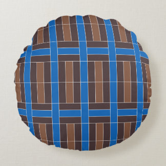 Modern Blue and Brown Geometric Plaid Pattern | Round Pillow