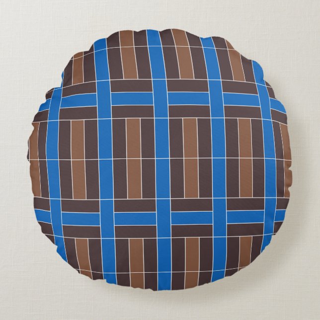 Modern Blue and Brown Geometric Plaid Pattern | Round Pillow (Front)