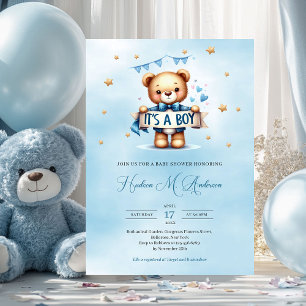 Modern blue and brown teddy bear it's a boy invitation