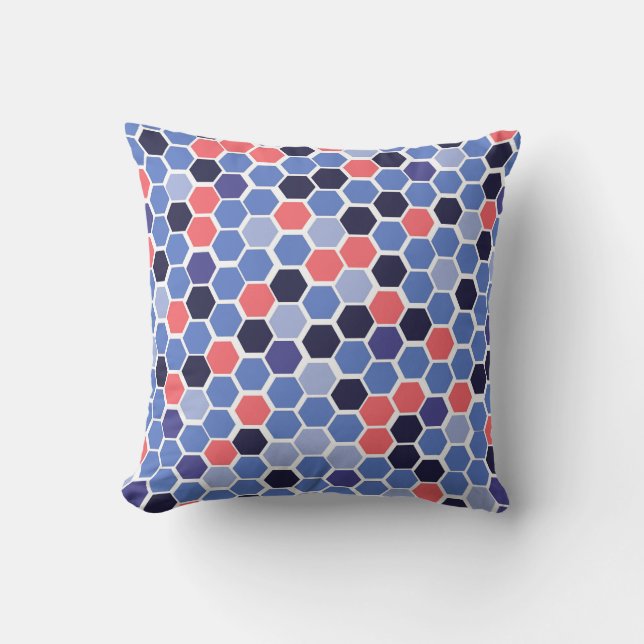 Modern blue and coral honeycomb pattern cushion (Front)