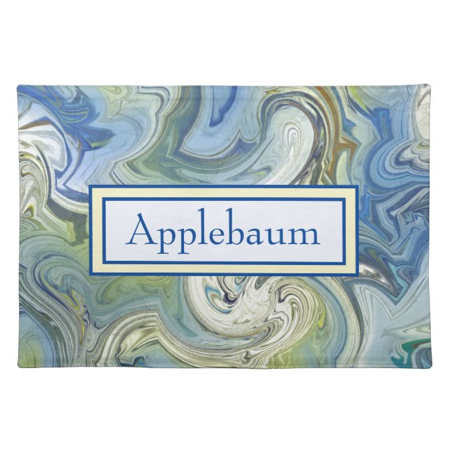 Modern Blue and Cream Abstract Personalized Cloth Placemat (Front)
