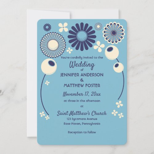 Modern Blue and Cream Geometric Flowers Wedding Invitation