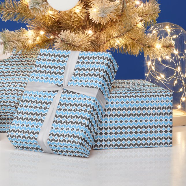 Modern Blue and Dark Gray Herringbone Geometric Wrapping Paper (Holidays)