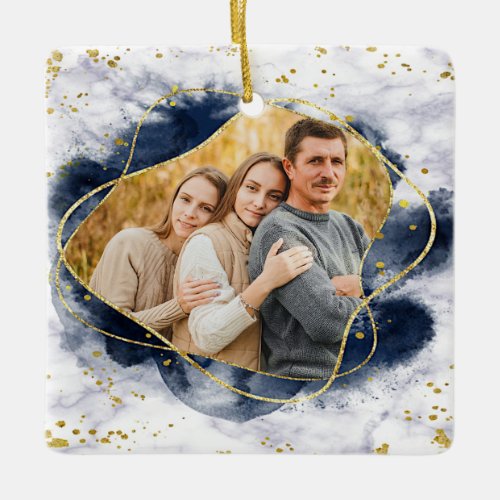 Modern Blue and Gold 2020 Photo Christmas Ceramic Ornament