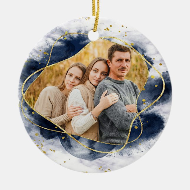 Modern Blue and Gold 2021 Photo Christmas  Ceramic Ornament (Front)