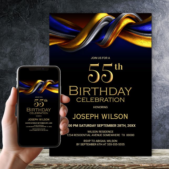 Modern Blue and Gold 55th Birthday Party Invitation (Creator Uploaded)