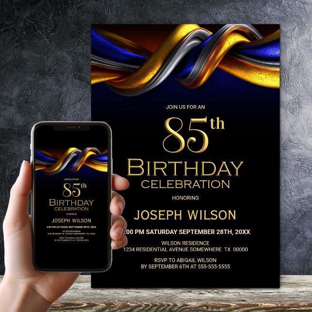 Modern Blue and Gold 85th Birthday Party Invitation (Creator Uploaded)