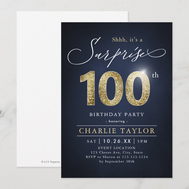Modern blue and gold adult surprise 100th birthday invitation (Front/Back)