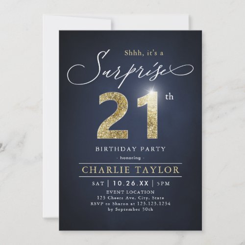Modern blue and gold adult surprise 21st birthday invitation