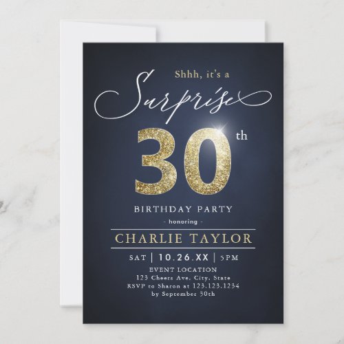 Modern blue and gold adult surprise 30th birthday invitation