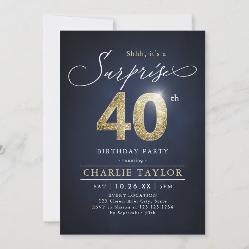 Modern blue and gold adult surprise 40th birthday invitation