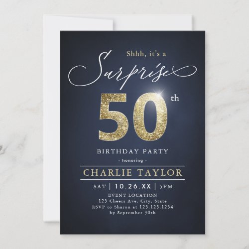 Modern blue and gold adult surprise 50th birthday  invitation