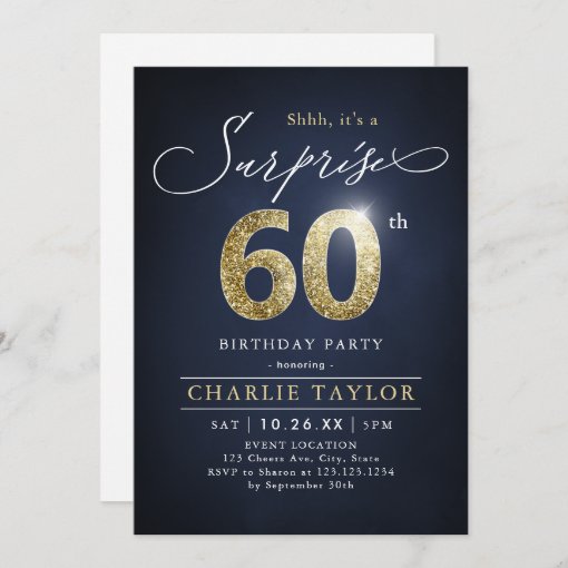 Modern blue and gold adult surprise 60th birthday invitation | Zazzle