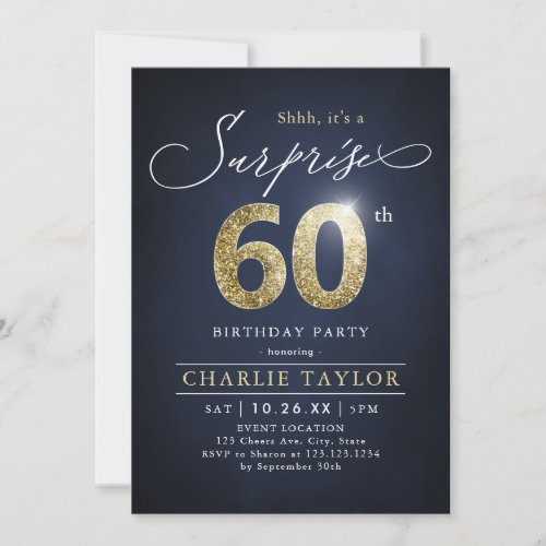 Modern blue and gold adult surprise 60th birthday invitation