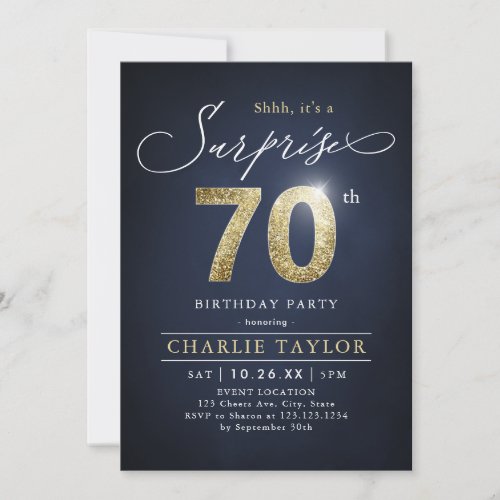 Modern blue and gold adult surprise 70th birthday invitation