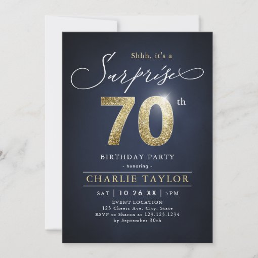 Modern blue and gold adult surprise 70th birthday invitation | Zazzle