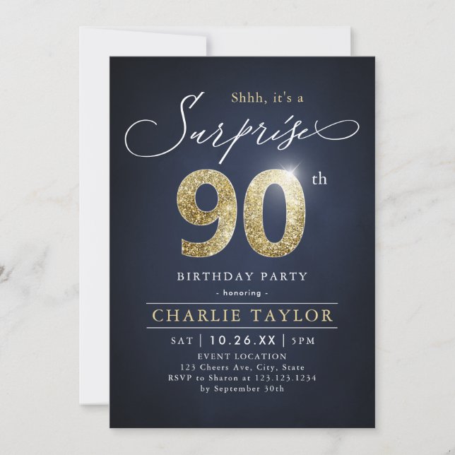 Modern blue and gold adult surprise 90th birthday invitation (Front)
